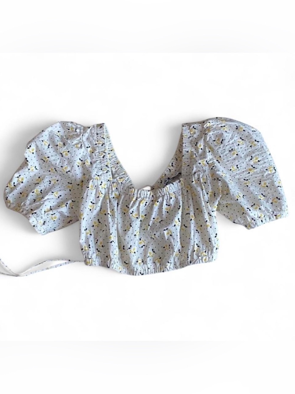 Zara White Puff-Sleeve Floral Crop Top with Yellow Floral Dots